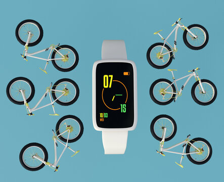 A white fitness tracker watch, showing a clock on the display, surrounded by white mountainbikes on cyan background. 3D illustration. 
