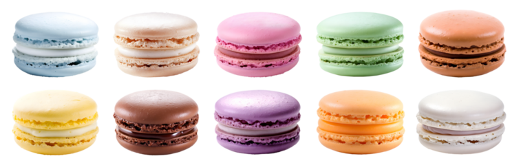 Macaroon Macaron, pastel collection, front view on transparent background cutout, PNG file. Many assorted different colours. Mockup template for artwork