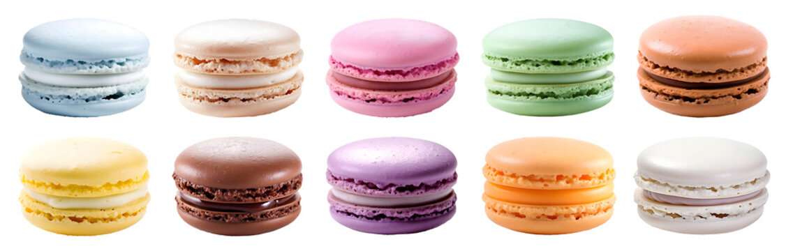 Macaroon Macaron, pastel collection, front view on transparent background cutout, PNG file. Many assorted different colours. Mockup template for artwork