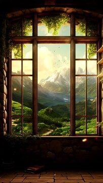 view from the window to the mountain and forest, seamless looping video background animation, cartoon anime style