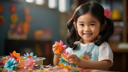 Young preschooler makes a paper and paint craft for classroom lessons