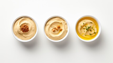 bowl of hummus on a white background, top view. vegetarian homemade snack. Arabic food.