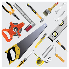 Top view of yellow construction tools for repair and installation on white background. vector