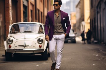 Fototapeta premium A Man Walking Down a Busy Street with a Parked White Car