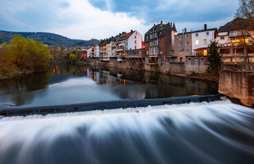 Panoramic view of Hagen-Hohenlimburg, Germany. Row of old houses with balconys and verandas above a...