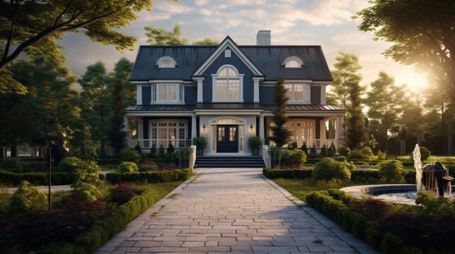 front of a modern house in a high class neighborhood generative ai