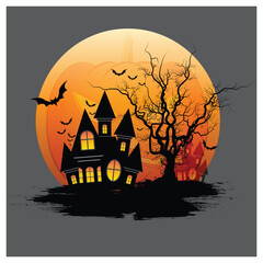 Halloween background with tombstone, pumpkin, haunted house and full moon. vector