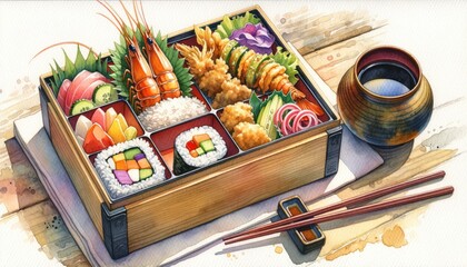 Obraz na płótnie Canvas Traditional Japanese bento box filled with sushi, tempura, pickled vegetables, and rice.