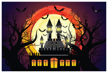 Castle, haunted house and ghost hands, tomb on full moon night. Vector