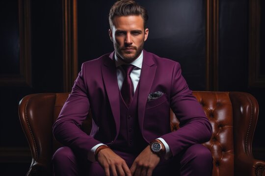 A Dapper Gentleman in a Vibrant Purple Suit Relaxing on a Luxurious Brown Chair
