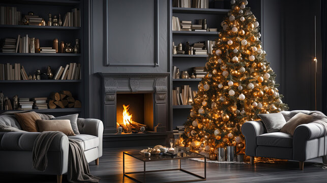 Beautiful Holdiay Decorated Room With Christmas Tree with Presents Under it Background Selective Focus