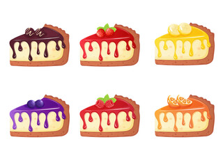 Sweet dessert collection. Different berries and fruits cheesecake slices set.