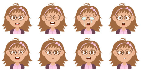 Cute little girl wearing glasses with different emotions