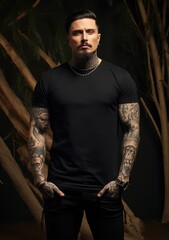 Obraz premium A Man With Intricate Body Art Posing Beside a Majestic Oak Tree