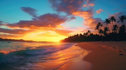 beautiful beach in the middle of a sunset generative ai
