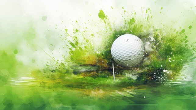 Golf ball with splashes of watercolor paint on a green background. Ai generative.
