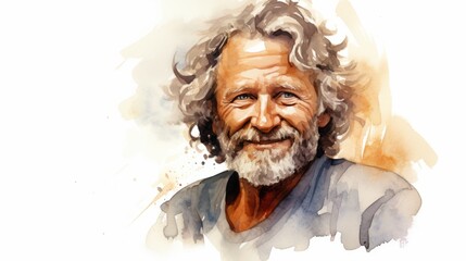 Smiling Old White Man with Brown Curly Hair Watercolor Illustration. Portrait of Casual Person on white background with copy space. Photorealistic Ai Generated Horizontal Illustration.