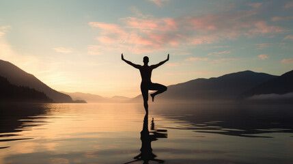 A Meditative Yoga Practice on a Tranquil Lake, silhouette of a person in the sunset