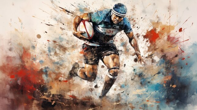 Rugby ball in watercolor splashes on a white background. Ai generative.