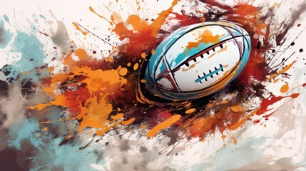 Rugby ball in watercolor splashes on a white background. Ai generative. - obrazy, fototapety, plakaty
