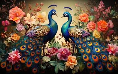 Exceptionally beautiful wall-hanging paintings, featuring a combination of animals, plants, flowers, and abstract elements. Created by AI