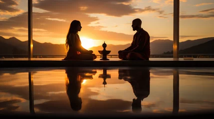 Foto op Plexiglas initiation to transtrism and moment of spirituality in a temple in India at sunset, the silhouette of the couple is reflected in a water screen © kiddsgn