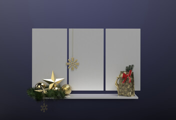 stylish christmas greeting card golden star deer, three frames for DIY shelf 3D CAD rendering purple background
