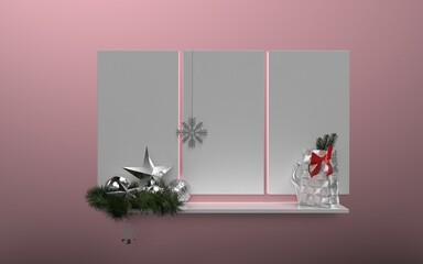 stylish christmas greeting card silver star deer, three backlighted frames for DIY shelf 3D CAD rendering pink background