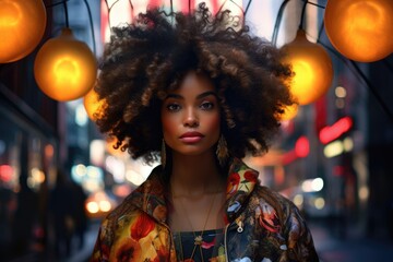 Fototapeta premium A Woman with Beautiful Curly Hair on a Vibrant City Street