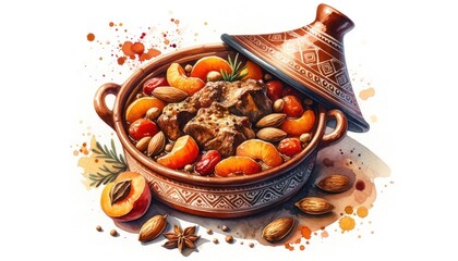 Traditional Moroccan tagine dish with lamb, apricots, almonds, and spices.