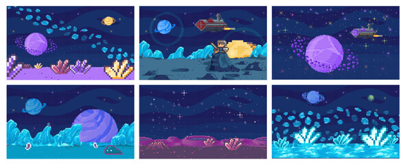Space game. Vector illustration. The pixel art graphics add unique and visually appealing style to game The videogame invites players to embark on intergalactic space game odyssey The cosmic backdrop