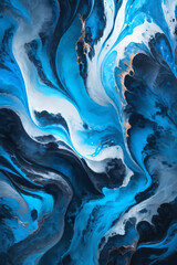 Abstract blue and white liquid paint flowing and mixing background.