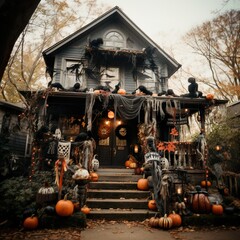 A front of a house decorated for Halloween in day light 