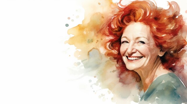 Smiling Old White Woman with Red Curly Hair Watercolor Illustration. Portrait of Casual Person on white background with copy space. Photorealistic Ai Generated Horizontal Illustration.