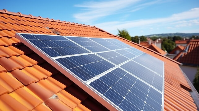 solar panel standing on the roof of the house, field, garden etc.