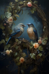 Two intricately detailed blue birds perched intimately close on a twisted, vine-like branch. Branch forms a  circle, reminiscent of a wreath, variety of pastel-colored flow. Generative AI