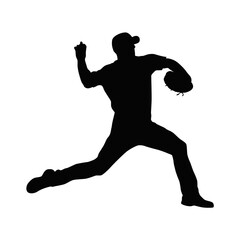 Fototapeta na wymiar Baseball pitcher, mens' baseball pitcher throwing the curveball to the batter. Baseball player, vector silhouette of a baseball player