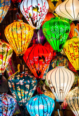 Colourful lanterns hanging at Vietnam Hoi An old town lantern shop