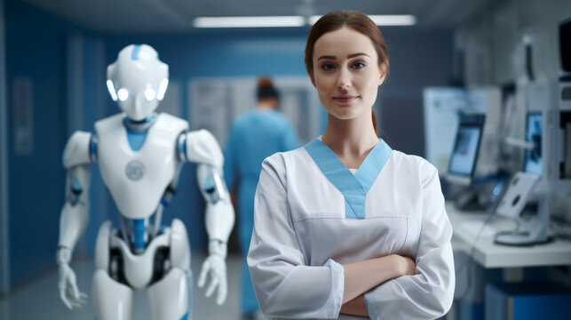 Scientist or medical doctor and humanoid robot in laboratory. Future healthcare concept