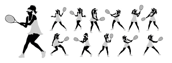 Tennis, tennis player sports person in silhouette, tennis woman in match champion vector isolated on white - obrazy, fototapety, plakaty