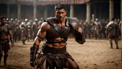A gladiator waits unarmed for his opponent