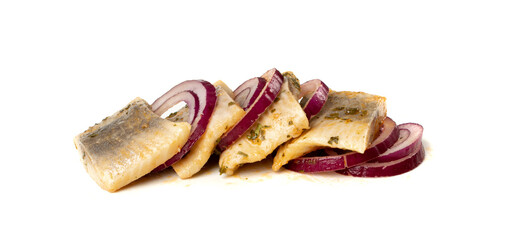 Salted Herring Fillet Isolated, Raw Pickled Fish Meat, Marinated Herring on White Background