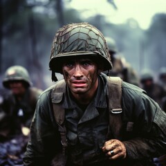 Fototapeta premium soldier in the middle of a tough mission generative ai