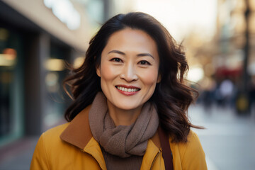 Generative ai image of smiling positive asian lady in the city