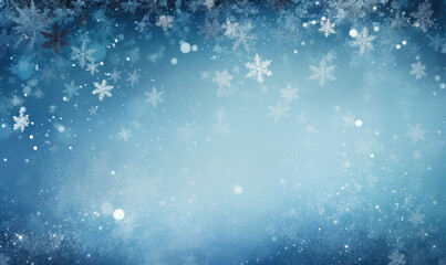 Fototapeta na wymiar Serene winter scene with gentle snowflakes and ethereal bokeh against a deep blue sky.