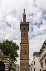 Closeup view of unique minaret based on four columns, dubbed the four-legged Minaret in Diyarbakir