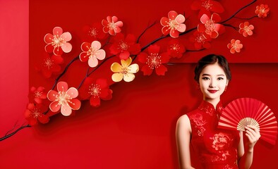 red with gold happy chinese new year festival, in the style of cherry blossoms copy space banner design with a chinese woman holding an elegant red fan
