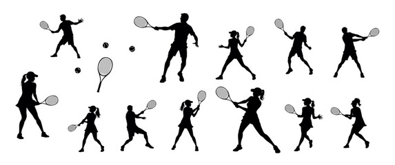 Tennis silhouettes, tennis player sports person in silhouette, tennis man woman in match champion - obrazy, fototapety, plakaty