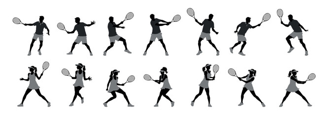 Tennis, tennis player sports person in silhouette, tennis man woman in match champion vector isolated on white - obrazy, fototapety, plakaty