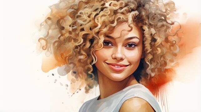 Smiling Teen Black Woman with Blond Curly Hair Watercolor Illustration. Portrait of Casual Person on white background with copy space. Photorealistic Ai Generated Horizontal Illustration.